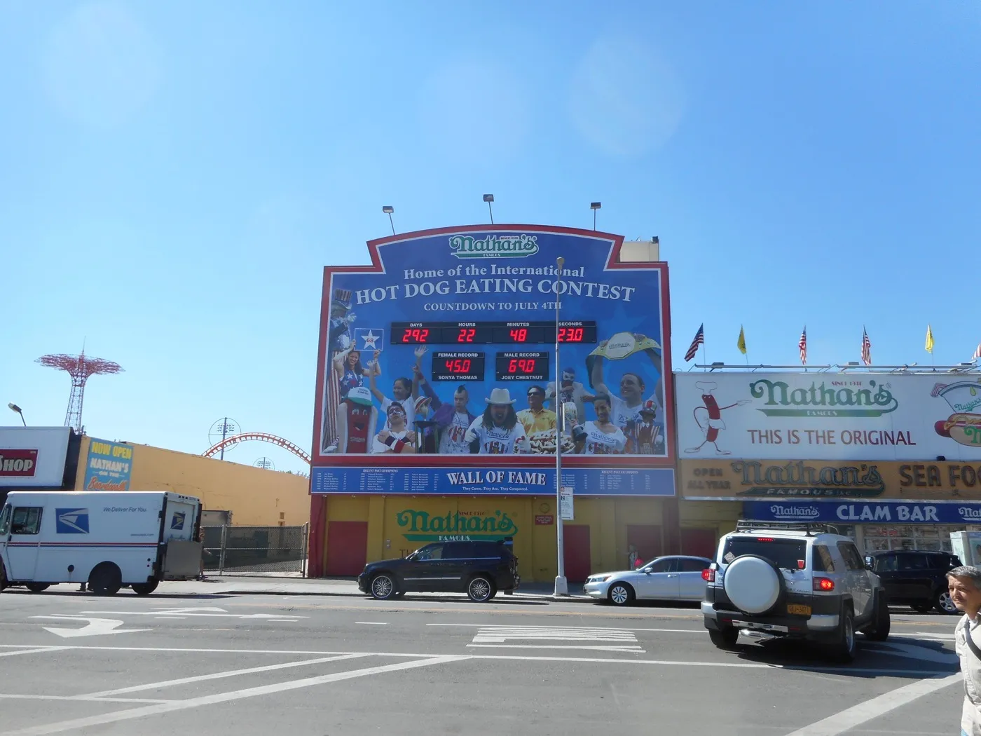The Nathan's Hot Dog Eating Wall of Fame countdown clock at the Coney Island location, September 2015